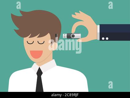 Hand holding usb flash drive to connect other businessman head. Vector illustration Stock Vector