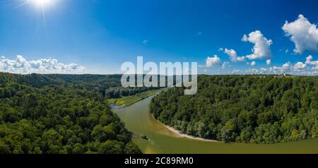Beautiful day in nature, view at the Isar river in bavaria as a drone shot. Stock Photo