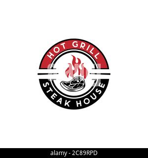 Hot Grill steak house logo design vector, Meat Grill smoke house logo design, Grill and Bar sign symbol Stock Vector