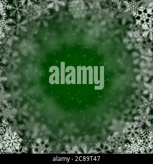 Christmas background of snowflakes of different shape, blur and transparency, arranged in a circle, on green background Stock Vector