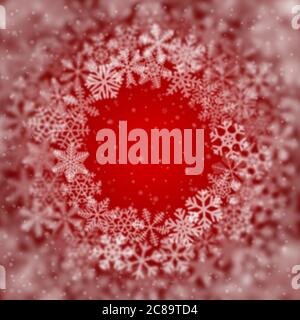 Christmas background of snowflakes of different shape, blur and transparency, arranged in a circle, on red background Stock Vector
