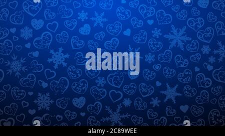Background of snowflakes and hearts with ornament of curls, in blue colors Stock Vector