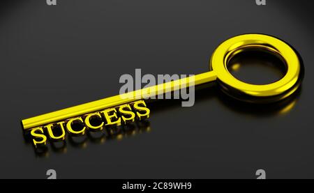 key to success concept. shiny golden key to success isolated on black color with reflection, 3D rendering Stock Photo