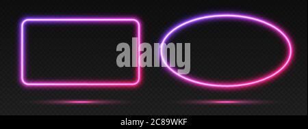 Neon gradient frames set, collection of purple-pink glowing borders. Bright illuminated shapes. Stock Vector