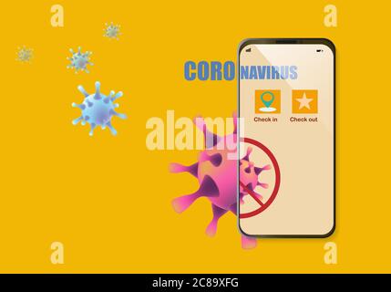 Concepts of application for tracking coronavirus outbreak in smartphone. Check in and out  for location of travelling. Stock Vector