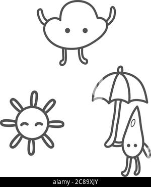 Weather characters collection. Cloud, sun and waterdrop in cartoon, kawaii and funny style. Vector isolated illustration. Stock Vector