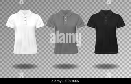 Black, white and gray realistic slim male polo t-shirt design template. Set of short sleeve t-shirts for sport, men classic polo. Vector illustration Stock Vector