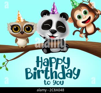 Happy birthday greeting animal party characters vector design ...