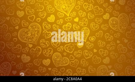 Background of big and small hearts with ornament of curls and flowers, in yellow colors Stock Vector