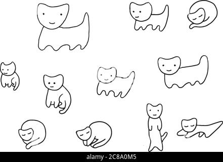 Minimal funny kittens coloring page. Vector doodle illustration for adult and children. Graphic art with pretty and cute cartoon cats for textile, des Stock Vector