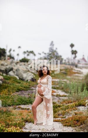 Young Pregnant Woman Posing at Beach in Sheer Dress Stock Photo