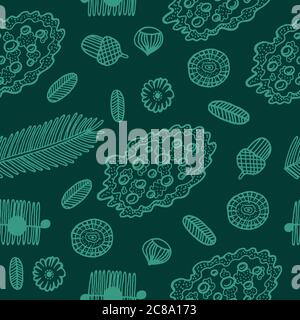 Forest and moss elements - hand drawn seamless vector pattern. Background witn plant and flower for design, textile, fabric, site. Stock Vector