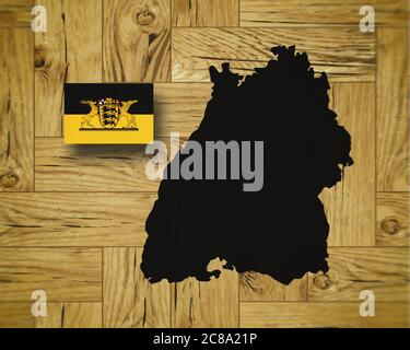 Map and flag of Baden-Württemberg, German federal state, on wooden background, 3D illustration Stock Photo