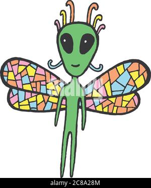 Fairy tales sticker with dragonfly alien. Cartoon funny vector art. Hand drawn doodle illustration for design. Stock Vector