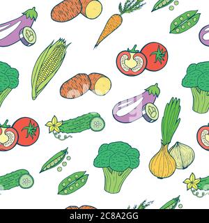 Seamless pattern with vegetables. Colorful hand drawn vector ornament for web-design, fabric, taxtile, background, poster, banner. Stock Vector