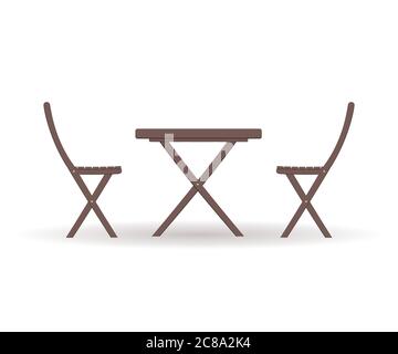 Wooden garden furniture or a set of furniture for the balcony: a  folding table and chairs isolated on a white background. Vector illustration Stock Vector