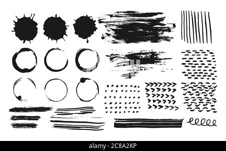 Abstract set of ink strokes, coffee circles of paint, splashes and drop. Hand drawn doodle element dot, dabs, wavy line. Stains grunge splatter texture for banner Vector brushes Isolated illustration Stock Vector