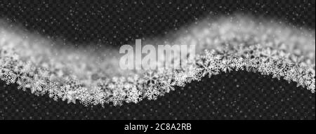 Christmas background of snowflakes of different shape, blur and transparency, wave shaped, on transparent background Stock Vector