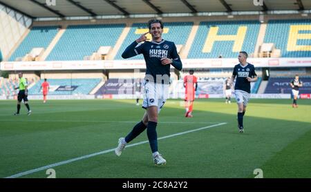 London, UK. 22nd July, 2020. Connor Mahoney of Millwall celebrates during the Sky Bet Championship match between Millwall and Huddersfield Town at The Den, London, England on 22 July 2020. Football Stadiums around remain empty due to the Covid-19 Pandemic as Government social distancing laws prohibit supporters inside venues resulting in all fixtures being played behind closed doors until further notice. Photo by Andy Rowland. Credit: PRiME Media Images/Alamy Live News Stock Photo