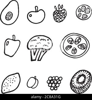 Fruit and vegetable collection for coloring page and book for adult or chirdren. Vector hand drawn isolated art for design, print, textile and fabric. Stock Vector