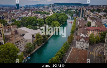 Flight over River Limmat in Zurich Switzerland Stock Photo