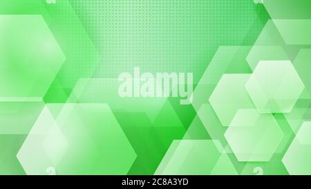 Abstract background of hexagons and halftone dots in green colors Stock Vector