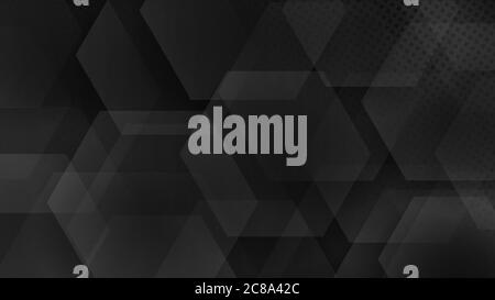 Abstract background of hexagons and halftone dots in black and gray colors Stock Vector