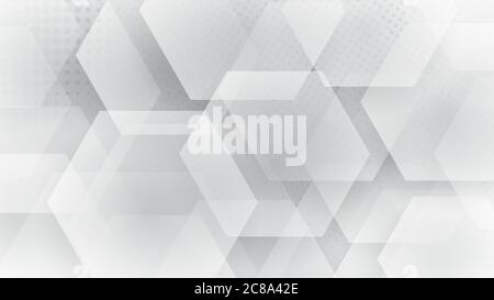 Abstract background of hexagons and halftone dots in white and gray colors Stock Vector