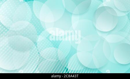 Abstract background of translucent circles and halftone dots in white and turquoise colors Stock Vector
