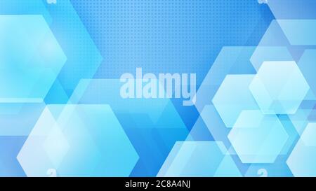 Abstract background of hexagons and halftone dots in white and light blue colors Stock Vector