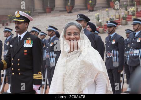 File photograph of Bangladesh Prime Minister Sheikh Hasina inspects a guard of honour from Indian military in New Delhi, India - 2010. She will later Stock Photo