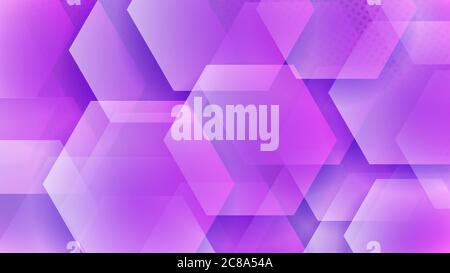 Abstract background of hexagons and halftone dots in purple colors Stock Vector