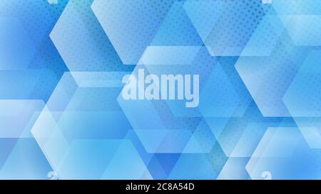 Abstract background of hexagons and halftone dots in light blue colors Stock Vector