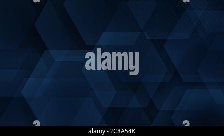 Abstract background of hexagons and halftone dots in dark blue colors Stock Vector