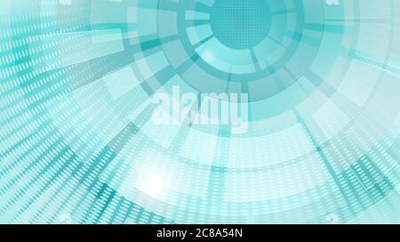 Abstract background of concentric circular elements and halftone dots in white and turquoise colors Stock Vector