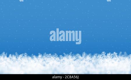Christmas background of snowflakes of different shape, blur and transparency, located bottom, on light blue background Stock Vector