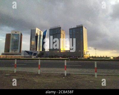 Dubai Gate 1 is a modern residential complex at the landmark development of Jumeirah Lake Towers. It is a 35-storey high rise building with an interes Stock Photo