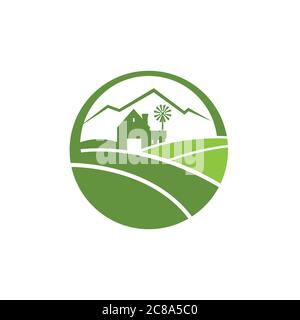 Agriculture farming logo with farm house and mountain on the background agricultural and farming industry logo illustration Stock Vector