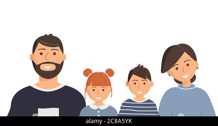 Happy cute family portrait of parents and kids: father, mother, son and daughter isolated on the white background. Family of four members Stock Vector