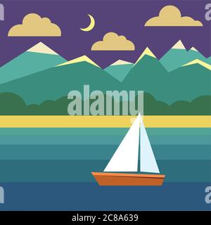 Boat on water. Night landscape with ship, ocean, sky Stock Vector