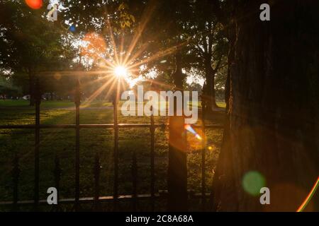 Long shadows through wrought iron fence surrounding La Fayette Park with lens flare aged photo effect and haze at sunset  St Louis Missouri USA Stock Photo