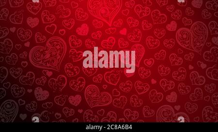 Background of big and small hearts with ornament of curls and flowers, in red colors Stock Vector