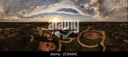 Panoramic image taken over Discovery Park, in Gilbert, Arizona, at sundown. Stock Photo