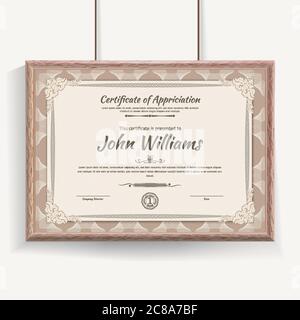 Official beige guilloche border for certificate. Vector illustration. Certificate in beige wooden frame. Template for text Stock Vector