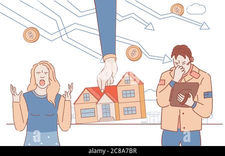 Bankrupt couple lost home for debt vector cartoon outline illustration. Sad, angry man and woman and hand taking house. Consequences of economic crisis, unemployment, homeless people vector concept. Stock Vector