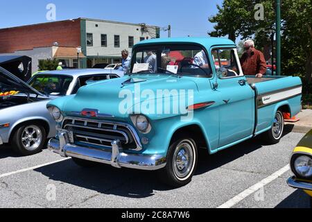 A 1957 Chevrolet Cameo Pick Up Truck at a car show. Stock Photo