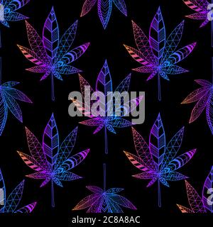 Motley hallucinogenic trippy cannabis leaves, bright neon gradient outline color, seamless pattern, isolated on black background. Each sheet has its o Stock Vector