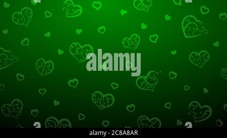 Background of big and small hearts with ornament of curls, in green colors Stock Vector