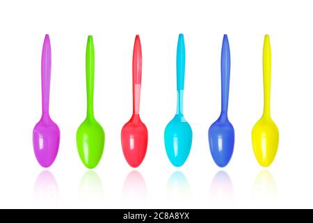 colorful plastic spoons isolated on white Stock Photo