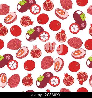 Pomegranate, lychee and mangosteen seamless pattern. Graphic art Stock Vector